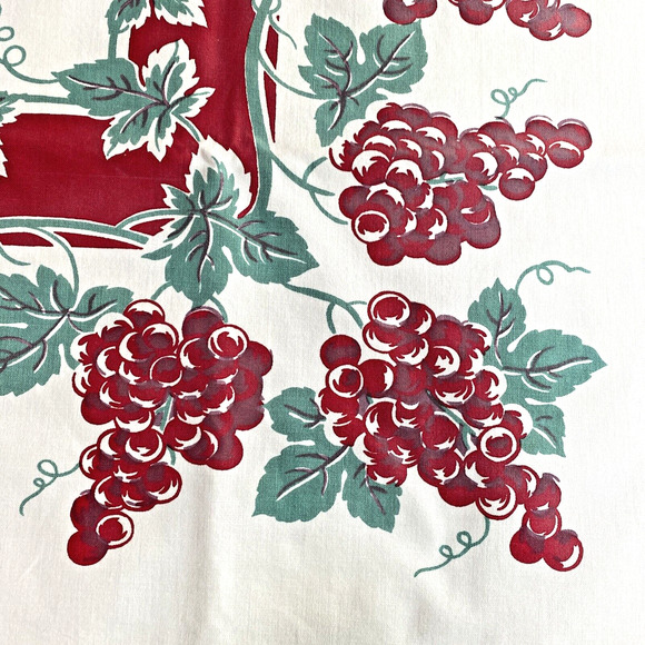 Vintage Mid Century Printed Cotton Tablecloth Red & Mint Green Grapevine Border - Picture 10 of 10
